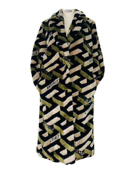 Versace Jackets & Blazers - Versace Olive, Black & Cream Graphic Faux-Fur Long Cape Coat